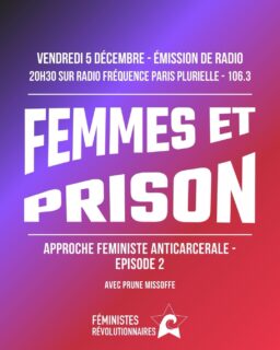 ❤️‍🔥 Vendredi 05 décembre sur @radio_fpp à 20h30 pour construire ensemble un féminisme anticarceral ! 
(Écoute possible sur le site internet de la radio)

❤️‍🔥 Après un premier épisode consacré à a interroger le lien entre prison et lutte contre les Violences Sexuelles et Sexistes, on vous propose dans cet épisode une réflexion sur les situations  des femmes incarcérées.

❤️‍🔥 Merci à @prune.missoffe , @oip_sf et @lalucarnedariane pour leur contribution à cet épisode et au précédent 

❤️‍🔥 Les épisodes précédents sont disponibles en replay sur notre page YouTube ! 

#feminisme #anticarceralfeminism #podcast