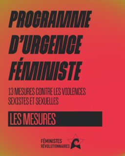 💥Programme d’Urgence Féministe : treize mesures contre les violences sexistes et sexuelles ! 

💥Ce programme n’est qu’une étape pour faire reculer les violences. Les éradiquer totalement ne pourra passer que par le renversement complet du système raciste, patriarcal et capitaliste : par la révolution ! 

💥Appropriez-vous ce programme, n’hésitez pas à le diffuser, l’imprimer, le diffuser… ! 

💥 Tant qu’il le faudra, féministes et révolutionnaires !