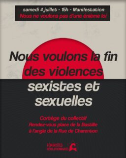 💥 4 juillet : mobilisation féministe pour la fin des violences sexistes et sexuelles ! 

💥 Rdv 15h à Bastille, à l’angle de la rue de Charenton ! 

💥 La prison n’est pas la solution : plus de moyens pour la prévention ! 

#feminisme #revolution #revolutionfeministe #stopvss #stoppatriarcat
